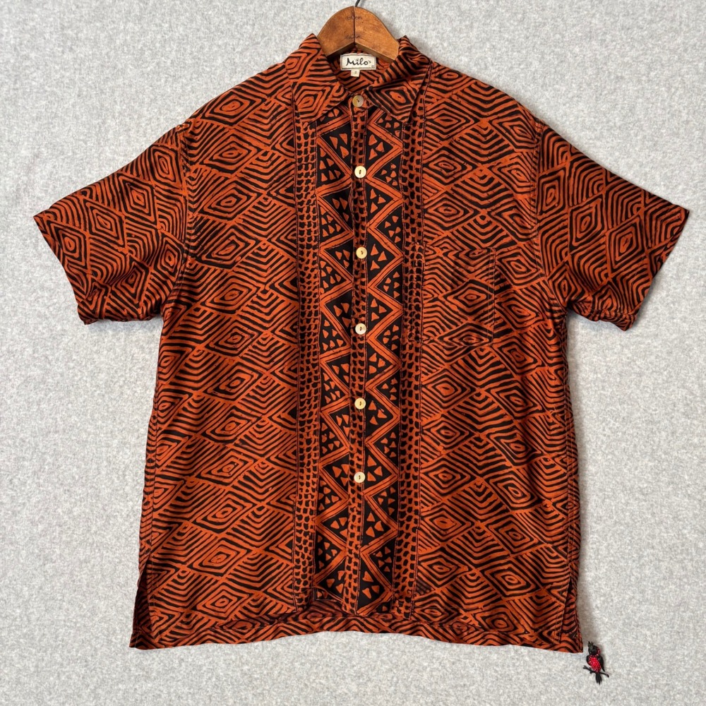 Milo's Men's S Short Sleeve Button Down Shirt 100% Silk Orange Black‎ Geometric